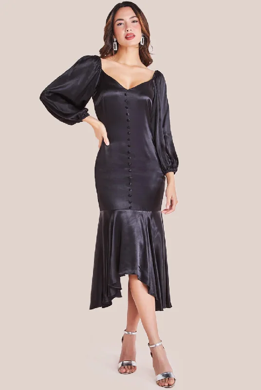 Midi dresses with patchwork patterns for a one - of - a - kind styleGoddiva Satin Viscose Front Buttoned Dipped Hem Midaxi Dress - Black Midi dresses with patchwork patterns for a one - of - a - kind styleGoddiva Satin Viscose Front Buttoned Dipped Hem Midaxi Dress - Black