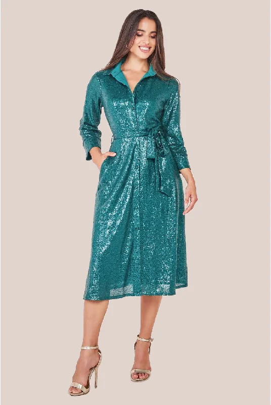 Midi dresses with cotton - blend materials for everyday comfortGoddiva Sequin Skater Shirt Dress - Emerald Green Midi dresses with cotton - blend materials for everyday comfortGoddiva Sequin Skater Shirt Dress - Emerald Green