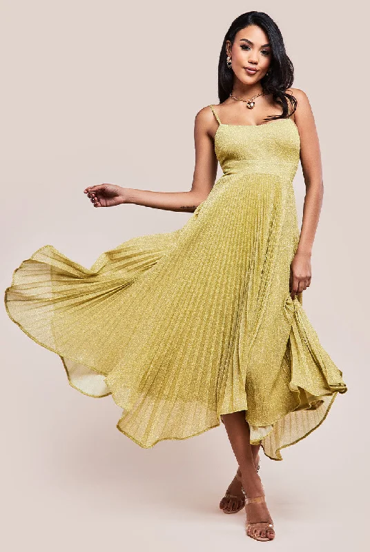 Midi dresses with empire waists for a flattering maternity optionGoddiva Tie Back Pleated Lurex Skater Midi Dress - Gold Midi dresses with empire waists for a flattering maternity optionGoddiva Tie Back Pleated Lurex Skater Midi Dress - Gold