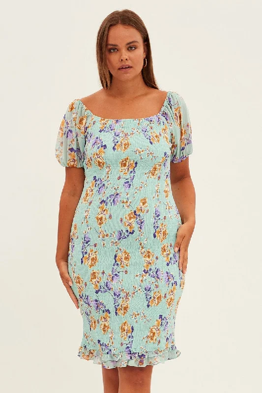 Midi dresses with belted waists to accentuate the figureGreen Floral Bodycon Dress Short Sleeve Off Shoulder Shirred Midi dresses with belted waists to accentuate the figureGreen Floral Bodycon Dress Short Sleeve Off Shoulder Shirred