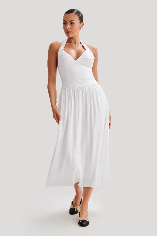 High - low midi dresses with geometric patterns for a modern partyHarriette Halter Midi Dress - White High - low midi dresses with geometric patterns for a modern partyHarriette Halter Midi Dress - White
