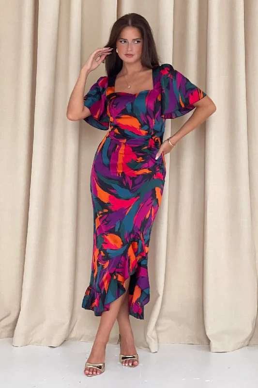 Midi dresses with button - down skirts for a unique and functional designHeidi Abstract Print Ruched Midi Dress