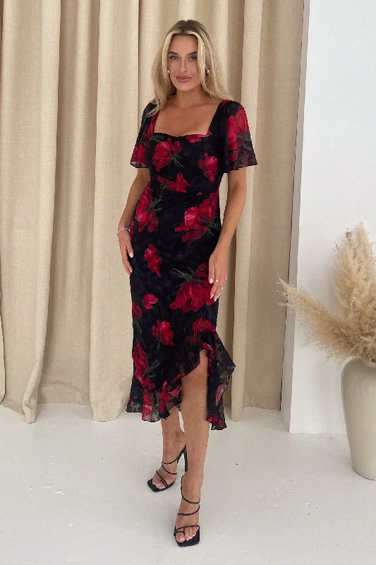 Velvet midi dresses in jewel tones for a glamorous winter eventHeidi Black And Red Floral Ruched Midi Dress Velvet midi dresses in jewel tones for a glamorous winter eventHeidi Black And Red Floral Ruched Midi Dress