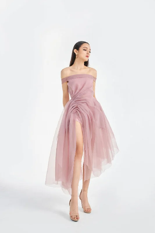 Helga Asymmetric Side Slit Organza Midi Dress