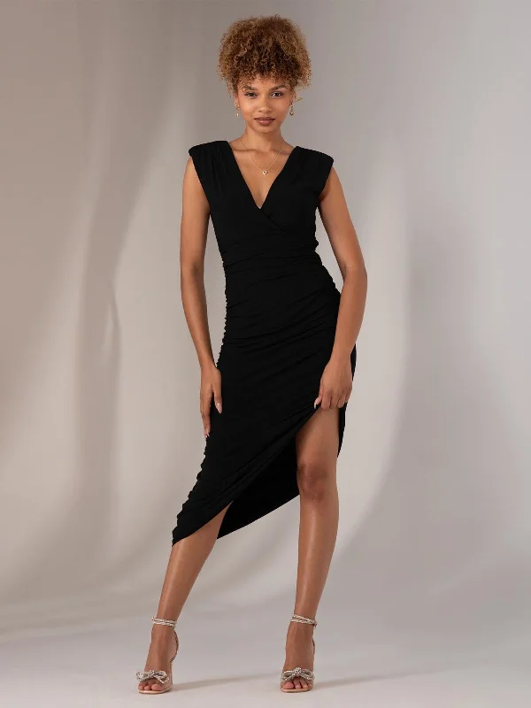 Midi dresses with side slits for a sexy and elegant appearanceKatrina Sleeveless Ruched Bodycon Dress, Black Midi dresses with side slits for a sexy and elegant appearanceKatrina Sleeveless Ruched Bodycon Dress, Black