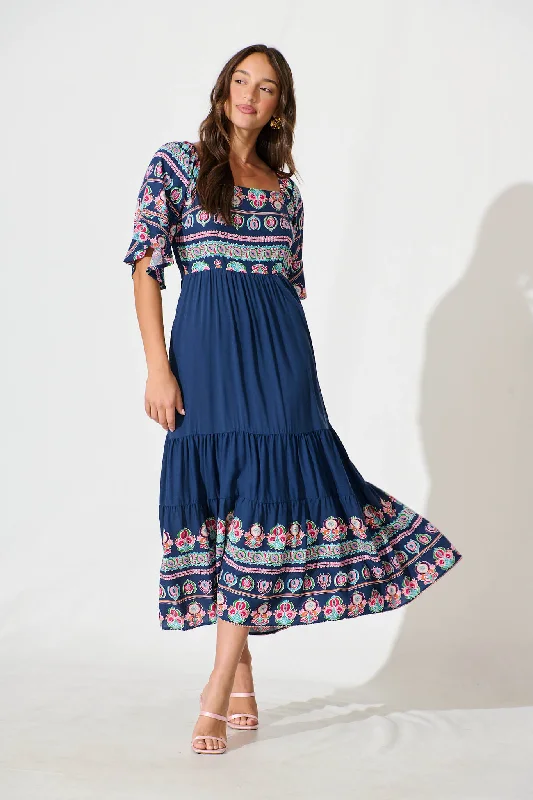 Midi dresses with halter necks for a stylish and comfortable optionLauriette Midi Dress in Cobalt with Multi Print Midi dresses with halter necks for a stylish and comfortable optionLauriette Midi Dress in Cobalt with Multi Print