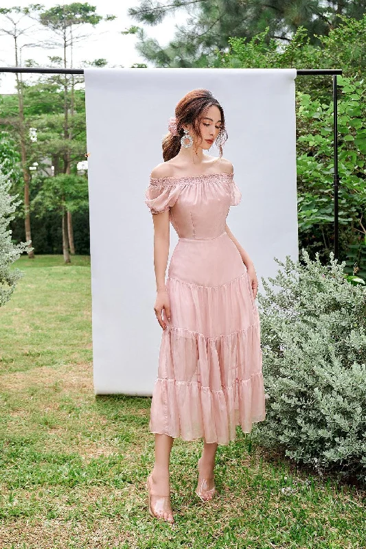 Midi dresses with pleated skirts for a timeless and elegant appealLetitia Tiered Drop Shoulder Organza Midi Dress Midi dresses with pleated skirts for a timeless and elegant appealLetitia Tiered Drop Shoulder Organza Midi Dress