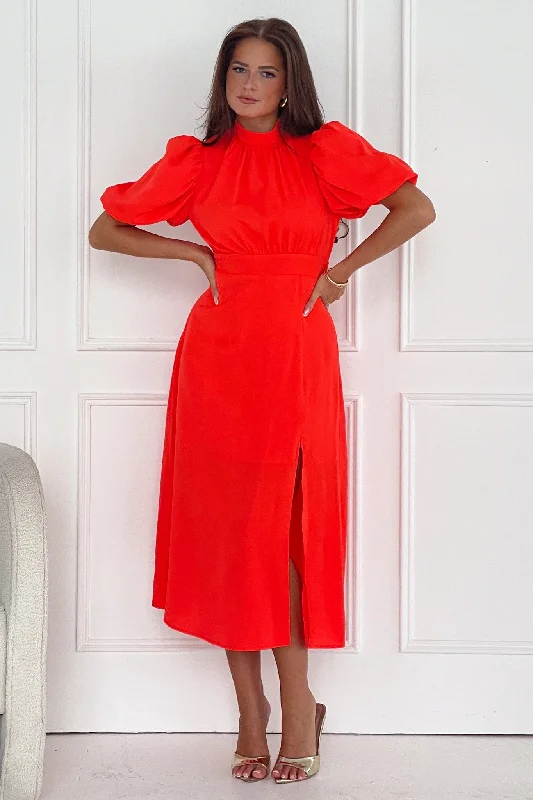 Midi dresses with tassel accents for a bohemian and free - spirited styleLilith Orange Puff Sleeve High Neck Midi Dress Midi dresses with tassel accents for a bohemian and free - spirited styleLilith Orange Puff Sleeve High Neck Midi Dress
