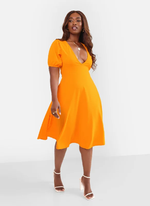 Midi dresses with cotton - blend materials for everyday comfortLily Puff Sleeve A Line Midi Dress w. Pockets Midi dresses with cotton - blend materials for everyday comfortLily Puff Sleeve A Line Midi Dress w. Pockets