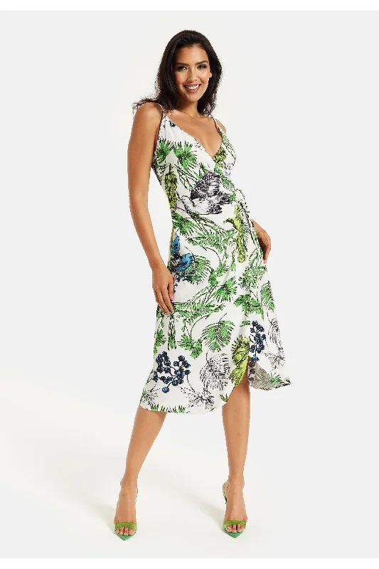 Liquorish Bird And Floral Print Midi Wrap Dress