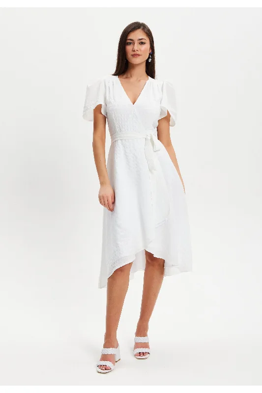 Liquorish Checkered White Angel Sleeve Midi Wrap Dress In White