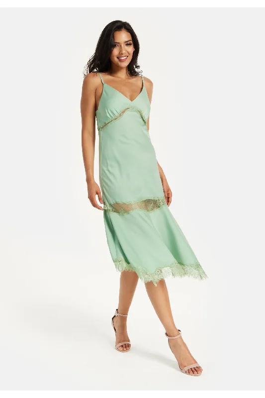Midi dresses with lace - up fronts for a unique and adjustable styleLiquorish Fine Lace Detail Strip Midi Dress In Sage Green Midi dresses with lace - up fronts for a unique and adjustable styleLiquorish Fine Lace Detail Strip Midi Dress In Sage Green