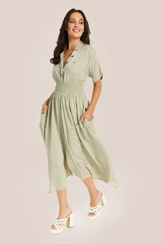 Midi dresses with off - the - shoulder necklines for a flirty lookLiquorish Khaki Elasticated Waist Shirt Dress Midi dresses with off - the - shoulder necklines for a flirty lookLiquorish Khaki Elasticated Waist Shirt Dress