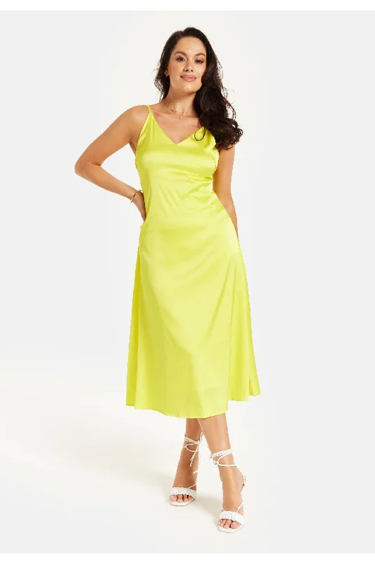 Liquorish Yellow Satin Midi Dress With Spaghetti Straps