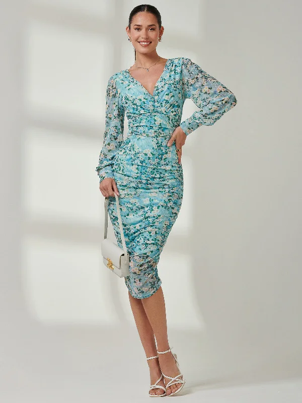 High - low midi dresses with geometric patterns for a modern partyLong Sleeve Ruched Mesh Midi Dress, Green Floral High - low midi dresses with geometric patterns for a modern partyLong Sleeve Ruched Mesh Midi Dress, Green Floral