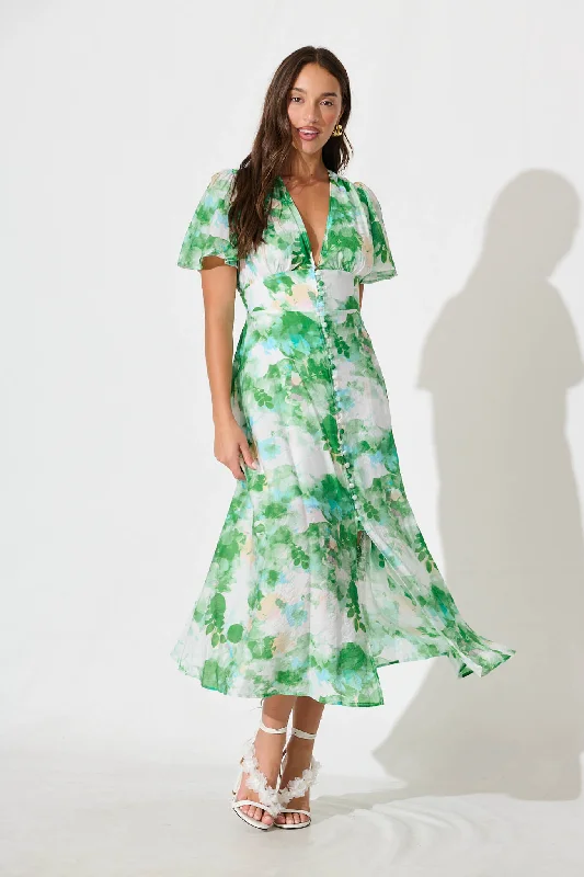 Midi dresses with one - shoulder designs for a modern and asymmetric styleLovelight Midi Dress in White with Green Floral Midi dresses with one - shoulder designs for a modern and asymmetric styleLovelight Midi Dress in White with Green Floral