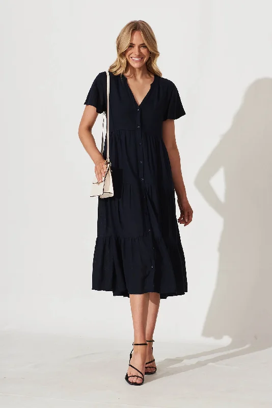 Marvela Midi Shirt Dress In Navy Linen Blend