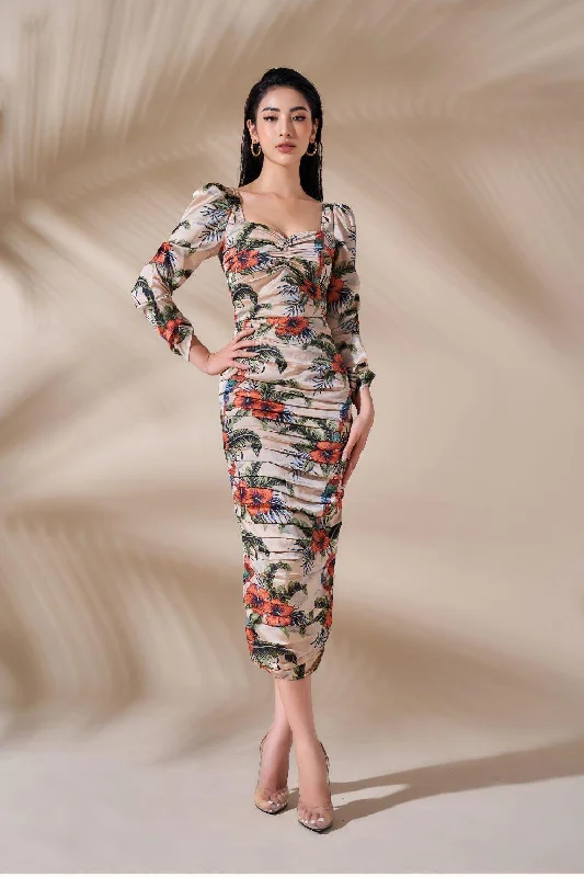 Mirabel Gathered Semi-Heart Neck Silk Midi Dress