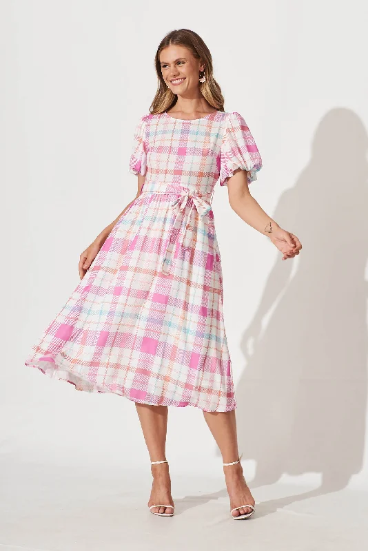 Miranda Midi Dress In Pink With Multi Check