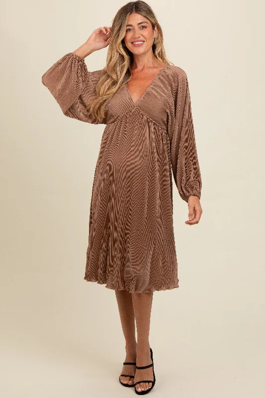 Midi dresses with button - down skirts for a unique and functional designMocha Pleated Deep V-Neck Maternity Midi Dress Midi dresses with button - down skirts for a unique and functional designMocha Pleated Deep V-Neck Maternity Midi Dress