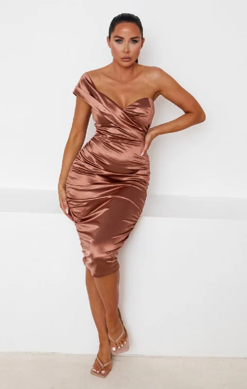 Midi dresses with puff sleeves for a vintage - inspired lookMocha Satin Ruched One Shoulder Sweetheart Neckline Bodycon Midi Dress - Rae Midi dresses with puff sleeves for a vintage - inspired lookMocha Satin Ruched One Shoulder Sweetheart Neckline Bodycon Midi Dress - Rae