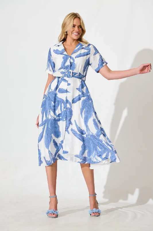 Midi dresses with asymmetric hems for a fashion - forward and dynamic appearanceMy Sweet Midi Shirt Dress In White With Blue Leaf Print Midi dresses with asymmetric hems for a fashion - forward and dynamic appearanceMy Sweet Midi Shirt Dress In White With Blue Leaf Print