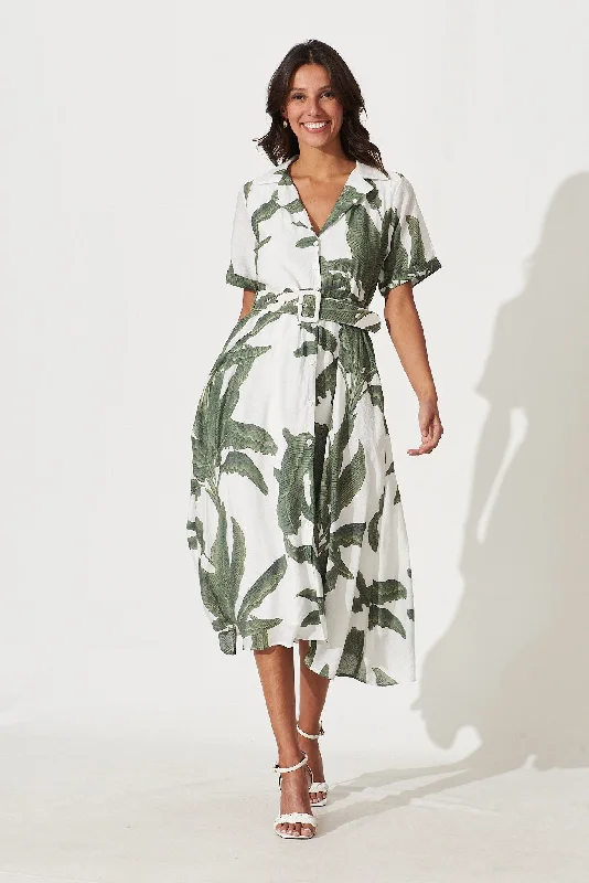 Midi dresses with button - down skirts for a unique and functional designMy Sweet Midi Shirt Dress In White With Green Leaf Print Midi dresses with button - down skirts for a unique and functional designMy Sweet Midi Shirt Dress In White With Green Leaf Print