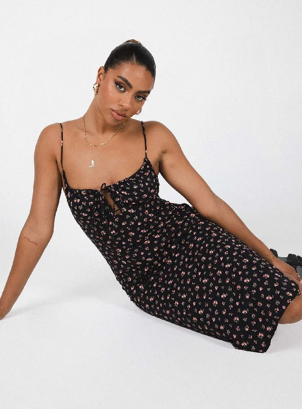 Midi dresses with button - down skirts for a unique and functional designNoda Midi Dress Black / Floral Midi dresses with button - down skirts for a unique and functional designNoda Midi Dress Black / Floral