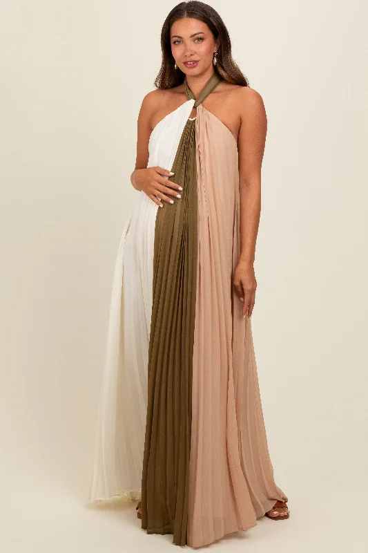 Midi dresses with wrap - around skirts for a customizable fitOlive Colorblock Pleated Halter Neck Maternity Maxi Dress Midi dresses with wrap - around skirts for a customizable fitOlive Colorblock Pleated Halter Neck Maternity Maxi Dress