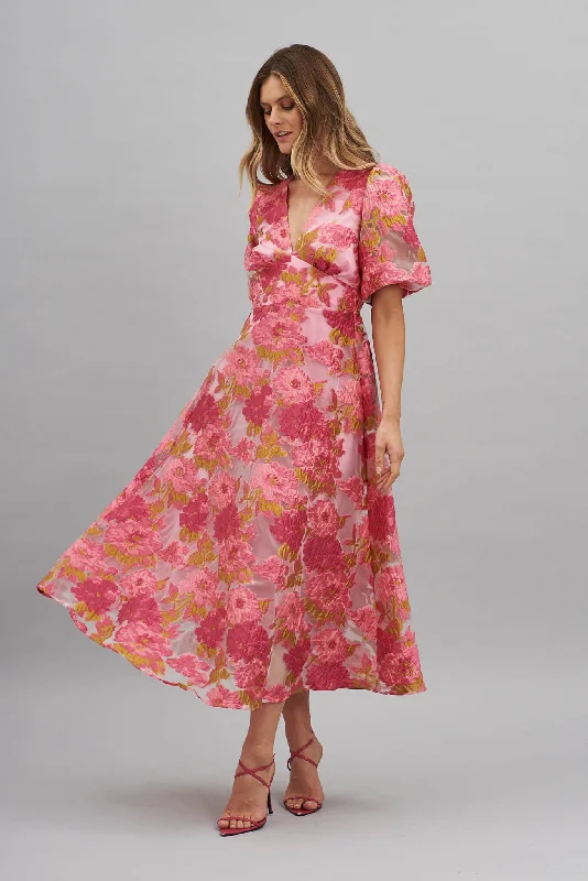 Opulence Midi Dress In Pink Floral Organza Burnout