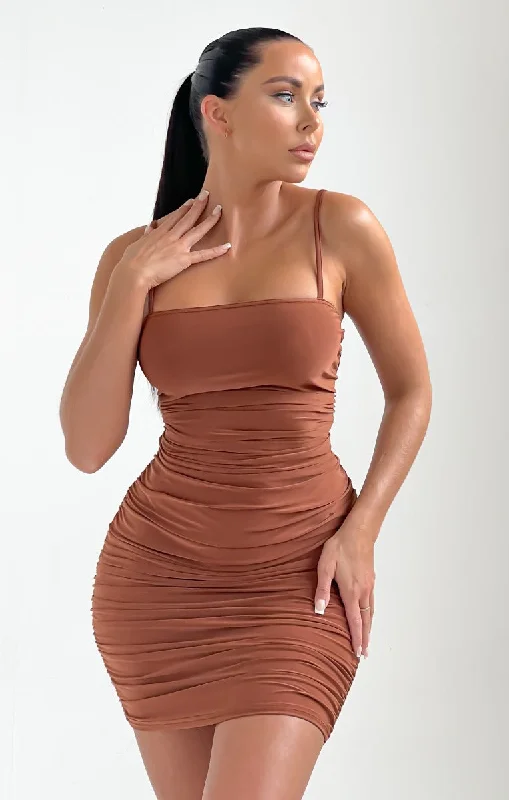 High - low midi dresses with geometric patterns for a modern partyPale Chocolate Slinky Ruched Thin Strap Midi Dress - Vienna High - low midi dresses with geometric patterns for a modern partyPale Chocolate Slinky Ruched Thin Strap Midi Dress - Vienna