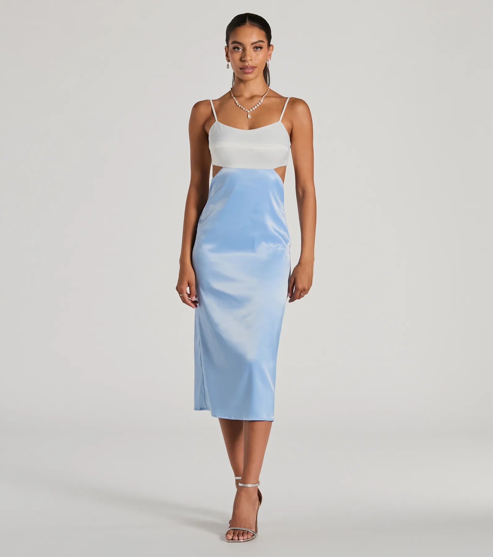 Midi dresses with belted waists to accentuate the figurePerfect Pairing Tie Back Color Block Satin Midi Dress Midi dresses with belted waists to accentuate the figurePerfect Pairing Tie Back Color Block Satin Midi Dress