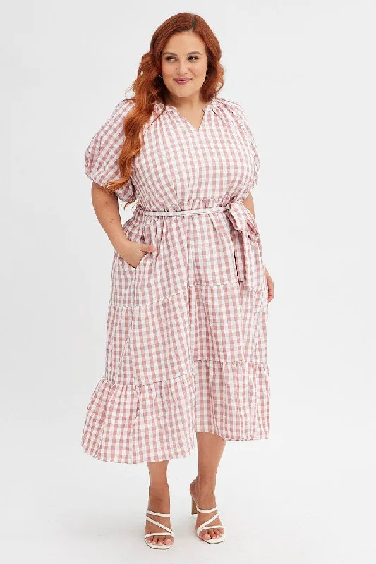 Midi dresses with belted waists to accentuate the figurePink Check Midi Dress Gingham Tie Waist Collared Midi dresses with belted waists to accentuate the figurePink Check Midi Dress Gingham Tie Waist Collared