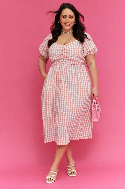 Midi dresses with sheer panels for a touch of allurePink Check Midi Dress Ruched Bodice Gingham Puff Sleeve Midi dresses with sheer panels for a touch of allurePink Check Midi Dress Ruched Bodice Gingham Puff Sleeve