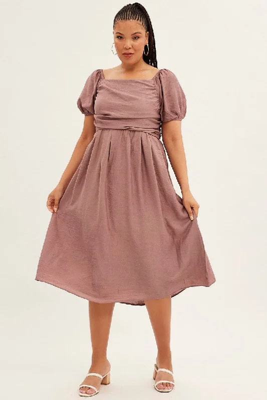 Midi dresses with patchwork patterns for a one - of - a - kind stylePink Midi Dress Puff Sleeve Square Neck Lined Textured Midi dresses with patchwork patterns for a one - of - a - kind stylePink Midi Dress Puff Sleeve Square Neck Lined Textured
