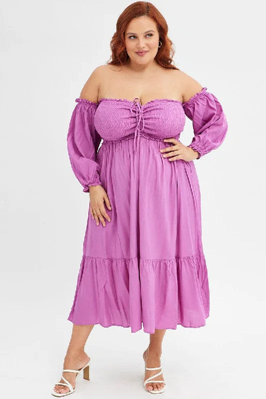 Midi dresses with cold - shoulder cutouts for a trendy stylePurple Midi Dress Off Shoulder Shirred Midi dresses with cold - shoulder cutouts for a trendy stylePurple Midi Dress Off Shoulder Shirred