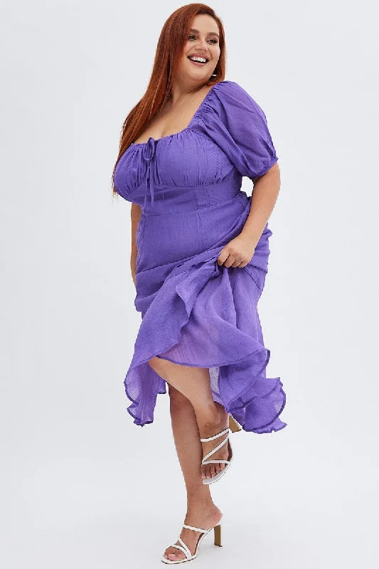Midi dresses with button - front designs for a classic touchPurple Midi Dress Short Sleeve Ruffle Ruched Bust Midi dresses with button - front designs for a classic touchPurple Midi Dress Short Sleeve Ruffle Ruched Bust