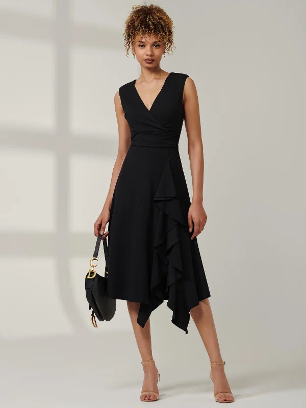 Midi dresses with printed lining for a hidden and stylish detailQiana Ruffle Detail Midi Dress, Black Midi dresses with printed lining for a hidden and stylish detailQiana Ruffle Detail Midi Dress, Black