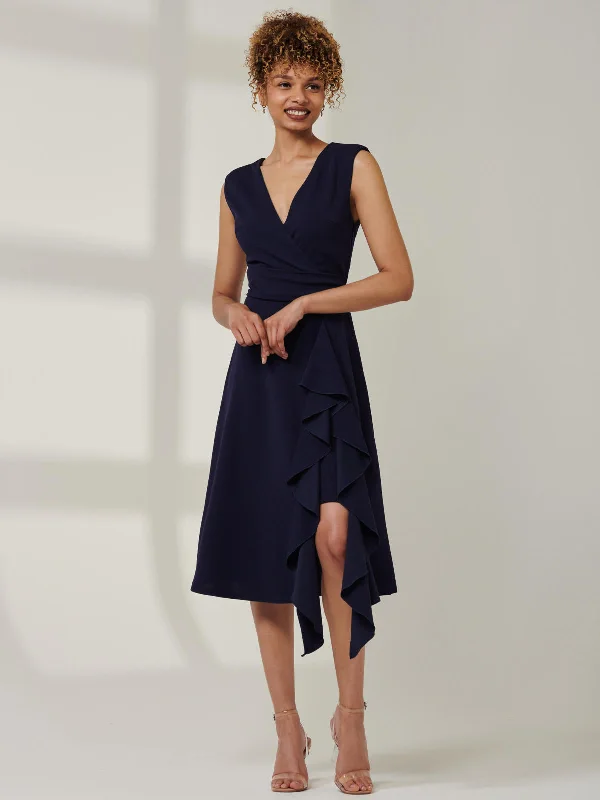 Sleeveless midi dresses with lace details for summer weddingsQiana Ruffle Detail Midi Dress, Navy Sleeveless midi dresses with lace details for summer weddingsQiana Ruffle Detail Midi Dress, Navy