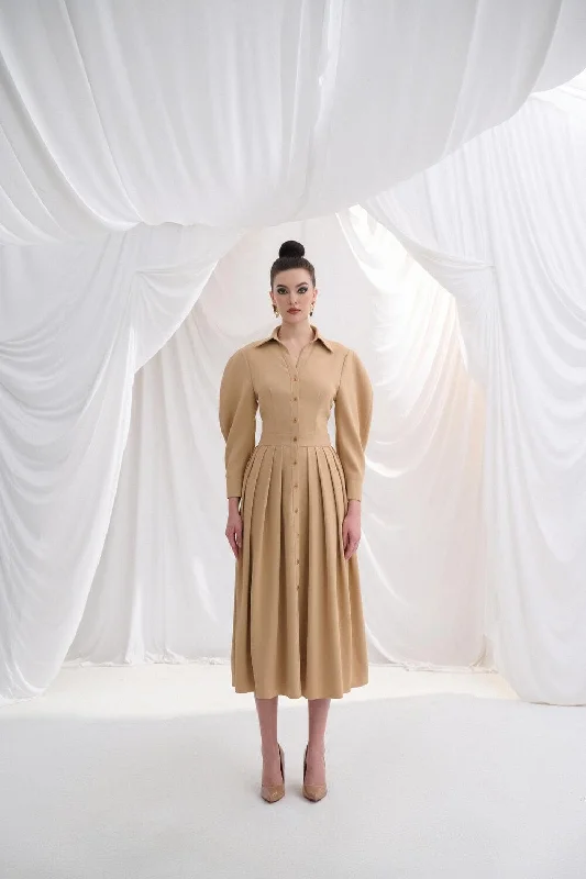 Reisy Shirt Leg Of Mutton Sleeved Twill Midi Dress