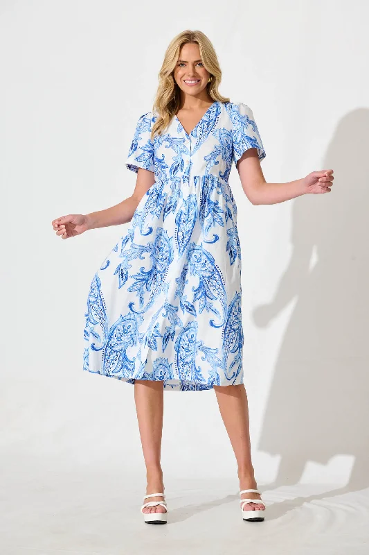 Midi dresses with denim fabric for a casual yet stylish day outRiello Midi Smock Dress in Blue and White Paisley Cotton Midi dresses with denim fabric for a casual yet stylish day outRiello Midi Smock Dress in Blue and White Paisley Cotton