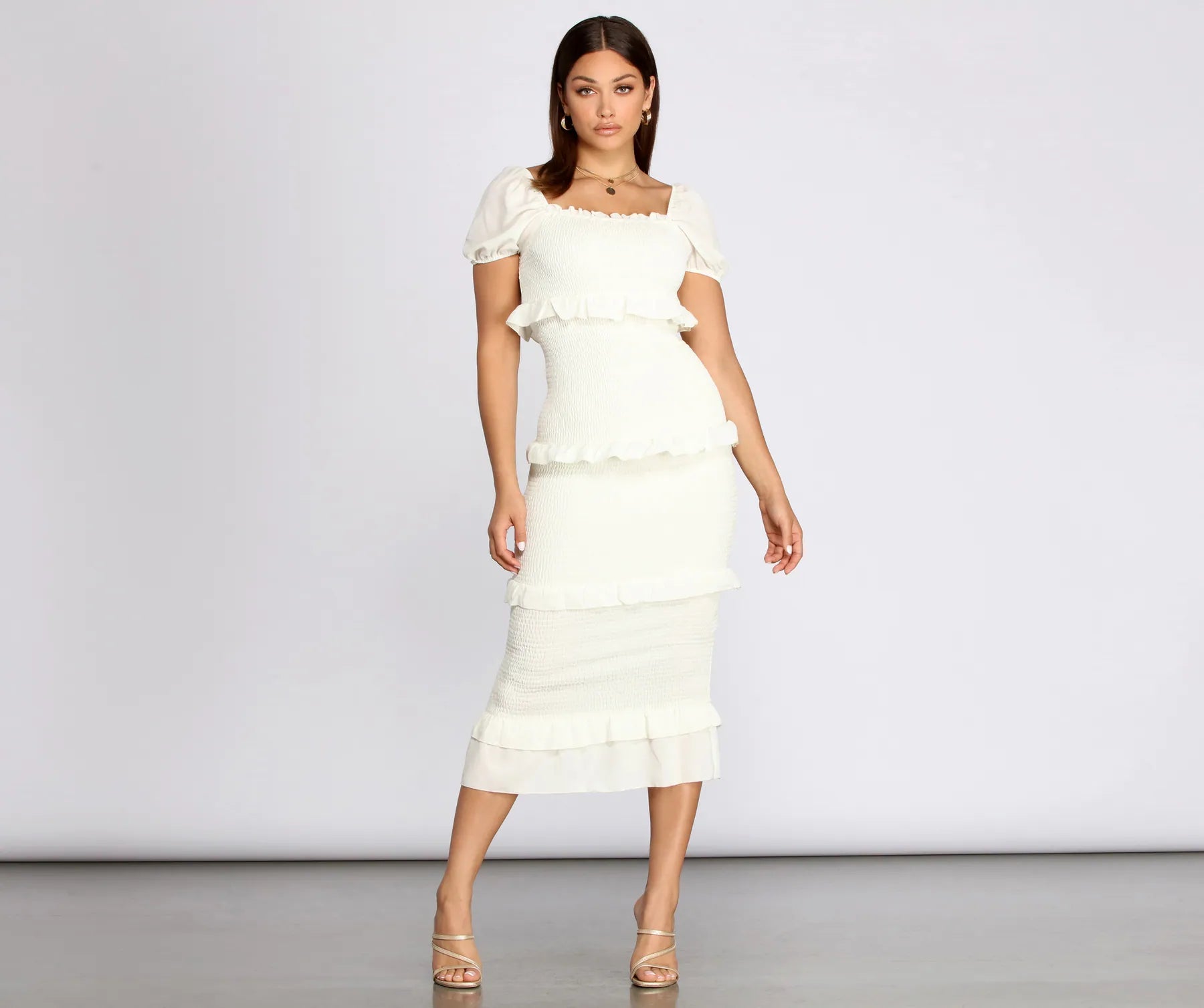 Midi dresses with ribbed textures for a unique and tactile appearanceRuffle Square Neck Smocked Midi Dress