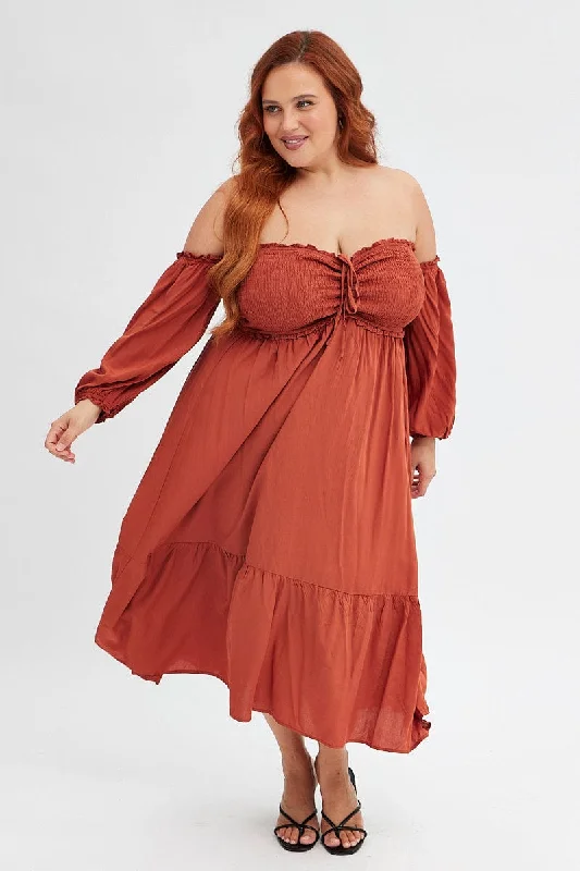Midi dresses with satin - finish fabrics for a luxurious feelRust Midi Dress Off Shoulder Shirred Midi dresses with satin - finish fabrics for a luxurious feelRust Midi Dress Off Shoulder Shirred