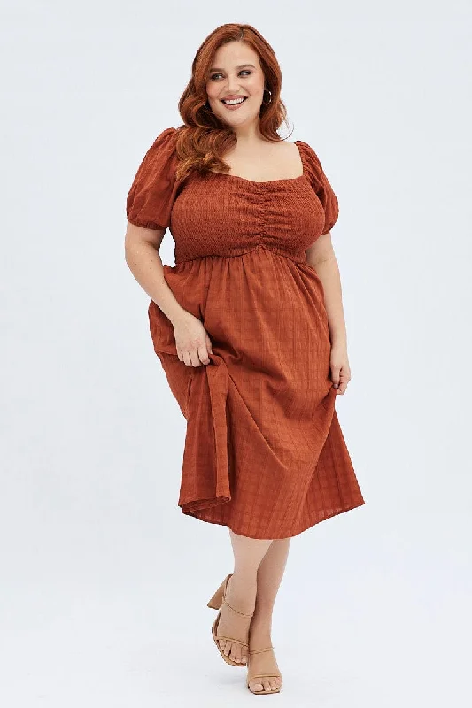 Midi dresses with pom - pom trims for a playful and festive lookRust Midi Dress Textured Puff Sleeve Midi dresses with pom - pom trims for a playful and festive lookRust Midi Dress Textured Puff Sleeve