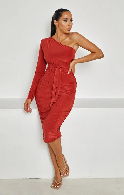Midi dresses with lace - up fronts for a unique and adjustable styleRust One Shoulder Ruched Slinky Midi Dress - Savannah Midi dresses with lace - up fronts for a unique and adjustable styleRust One Shoulder Ruched Slinky Midi Dress - Savannah