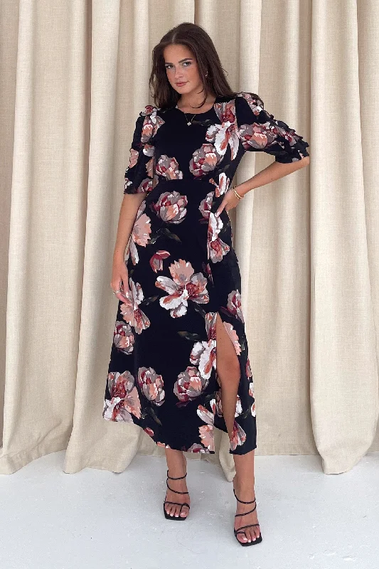 Midi dresses with pleated bodices for a classic and tailored lookSamira Black Floral Frill Sleeve Midi Dress Midi dresses with pleated bodices for a classic and tailored lookSamira Black Floral Frill Sleeve Midi Dress
