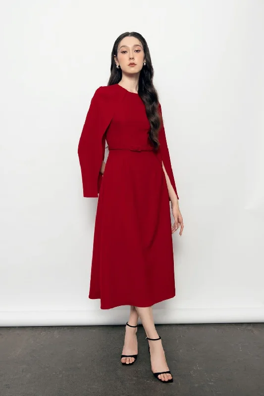 Midi dresses with wrap - around skirts for a customizable fitSofia A-line Cape Sleeved Polyester Midi Dress Midi dresses with wrap - around skirts for a customizable fitSofia A-line Cape Sleeved Polyester Midi Dress