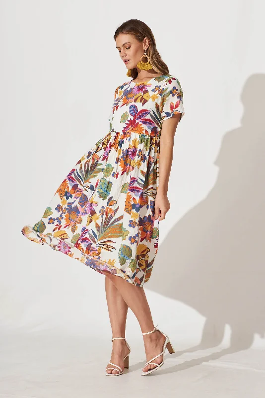 Sonya Smock Midi Dress In White With Bright Multi Floral