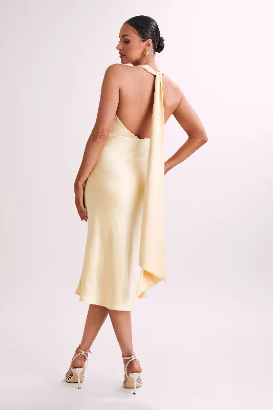 Midi dresses with ruffled sleeves for a more feminine and voluminous lookTerri Satin Cowl Midi Dress - Butter Midi dresses with ruffled sleeves for a more feminine and voluminous lookTerri Satin Cowl Midi Dress - Butter