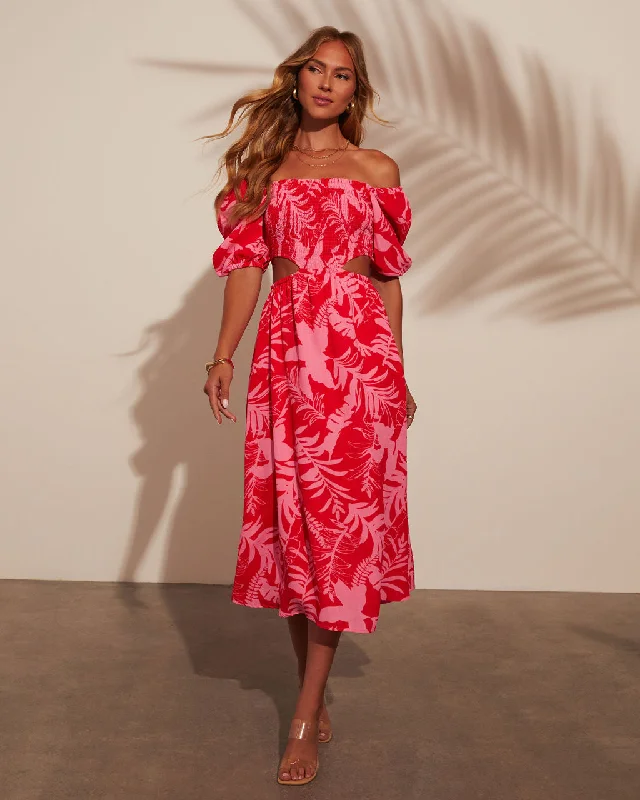 Midi dresses with abstract art prints for an artistic statementKalena Tropical Print Cutout Smocked Midi Dress Midi dresses with abstract art prints for an artistic statementKalena Tropical Print Cutout Smocked Midi Dress